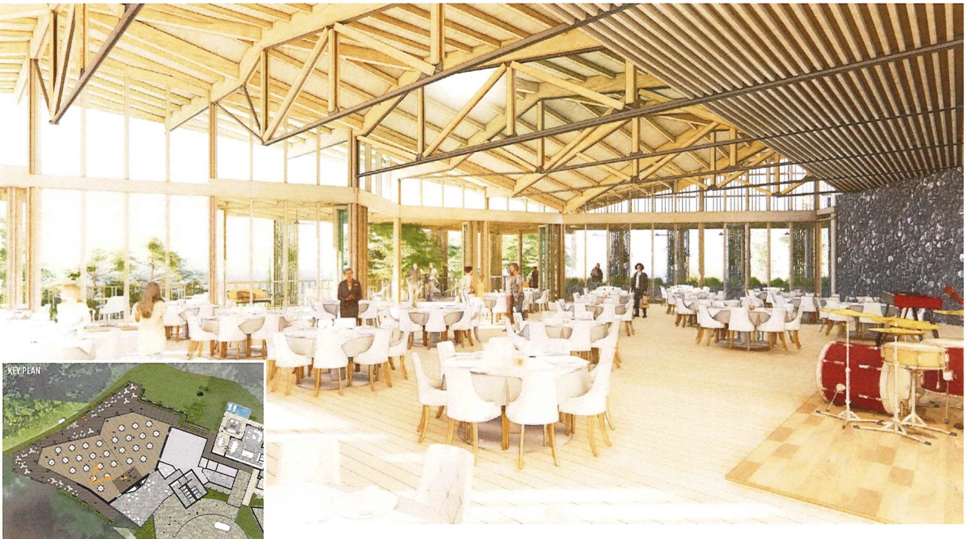 Rendering of the pavilion interior set for a banquet, with a drum kit on a dance floor