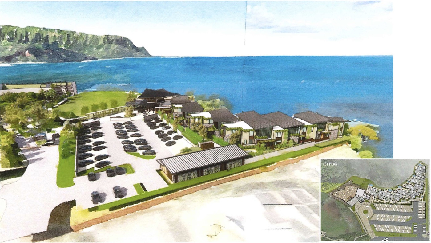 Rendering of six homes, an event pavilion and a parking lot on the bluff beside the 1 Hotel, above Hanalei Bay