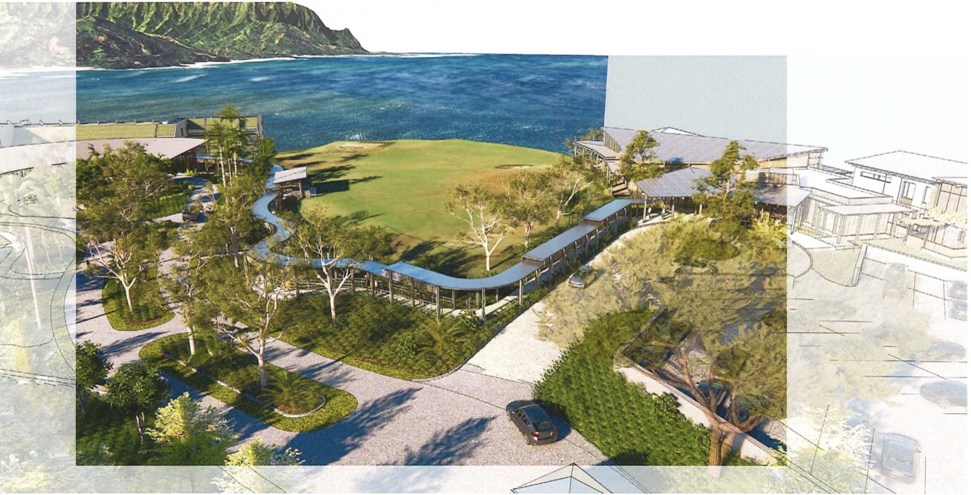 Rendering of a covered walkway curving around the open bluff top